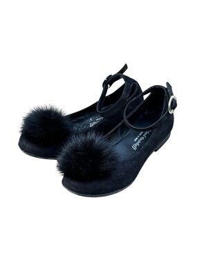 Michael Pasinkoff Kids Black Suede Pom Pom T-Strap Flats Size 29 Italy